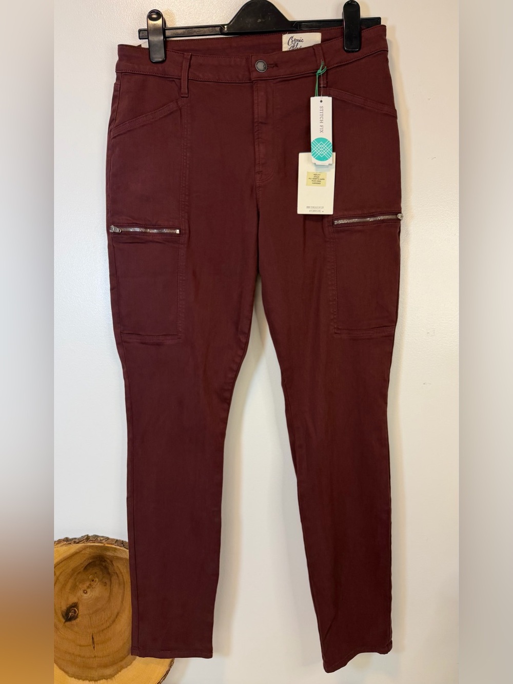 Cosmic Blue Love Maroon Zip Cargo Pocket Pants‎ Skinny Leg Women’s Size 31 Tall